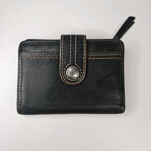 Black Leather Women's Zip Wallet with Contrast Stitching